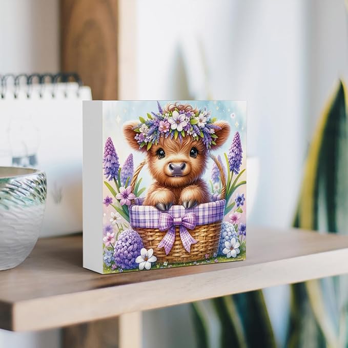 Highland Cow Hyacinth Flowers Decor, Highland Cow Bathroom Decor, Highland Cow Baby Decor, Highland Cow Nursery Decor, Wooden Box Decor Sign for Home Farmhouse Office Living Room Table Shelf Tiered-Ruum Studio Home