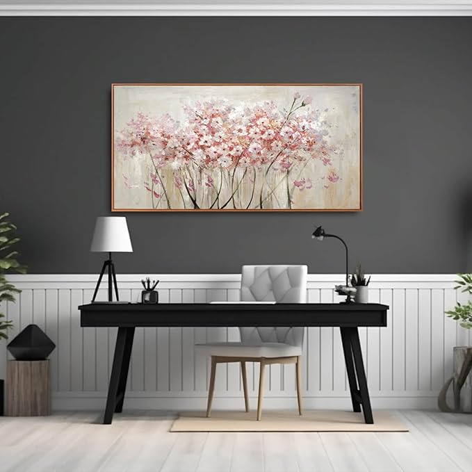 Flower Wall Art Framed Beige Canvas Paintings Colorful Wall Decor 24"x48" Art Posters Pictures for Dining Room Office Hotel-Ruum Studio Home
