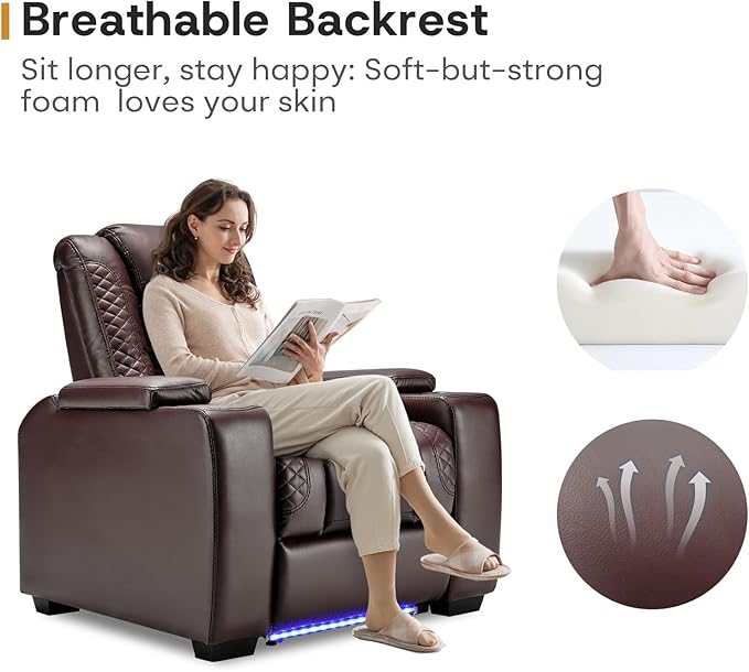 ANJ Power Home Theater Seating, PU Leather Electric Recliner Chair with Powered Headrest, Dual Motors Movie Reclining Chairs with LED Lights,USB Port, Cup Holders, Hidden Arm Storage (Brown)-Ruum Studio Home