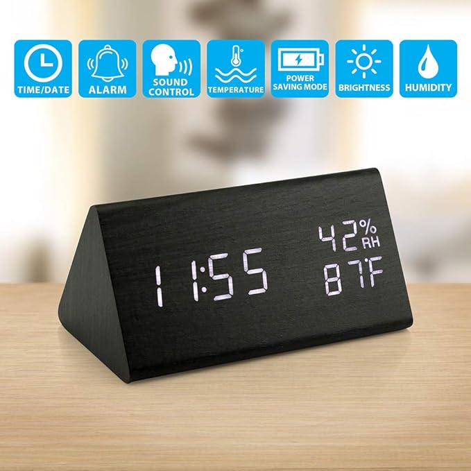 OCT17 Wooden Alarm Clock, Smart LED Digital Clock for Bedroom/desks, Upgraded with Time Temperature, Adjustable Brightness and Voice Control, Humidity Displaying - Black-Ruum Studio Home