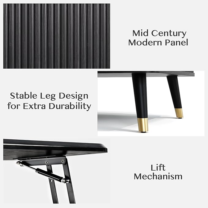 Lift Top Coffee Table with Storage Shelf & Hidden Compartment, Mid Century Modern Fluted Rectangle Dining Table for Living Room, Home Office,Black-Ruum Studio Home