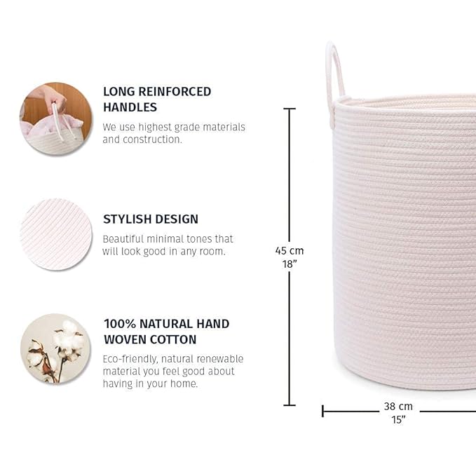 OrganiHaus White Laundry Basket 15x18, Cotton Rope Basket for Blankets, Tall Woven Baskets for Storage, Large Basket for Toys, Soft Blanket Holder Bin, Boho Blanket Basket for Living Room-Ruum Studio Home
