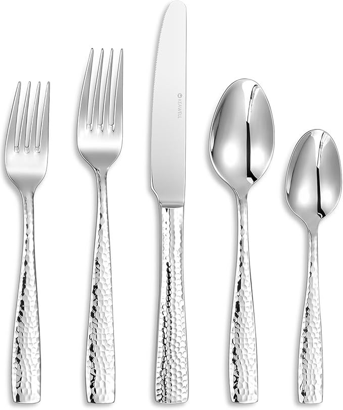 KEAWELL Premium 20/45/65 Piece Louis Hammered Silverware Set with Squared Edge, 18/10 Stainless Steel, Service for 4/8/12, Fine Flatware Set, Dishwasher Safe (65)-Ruum Studio Home