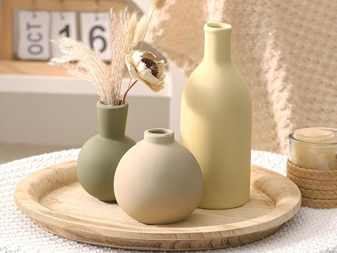 Vase Set of 3, Ceramic Vases Home Decor Flower Decorative Table Decor Vase Pottery Neutral Vases for Tray Table Mantel Living Room Kitchen Bedroom Bathroom Entryway -Light Color-Ruum Studio Home