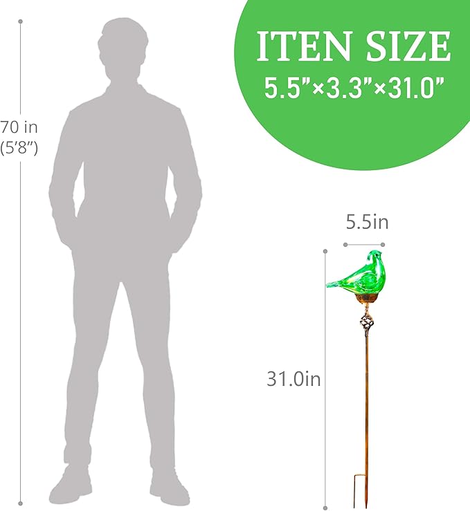 Decorative Solar Lights Outdoor Solar Bird Stake Lights Hand Blown Glass Decorative Garden Pathway Lights Outdoor Waterproof Glass Stakes (Green)-Ruum Studio Home