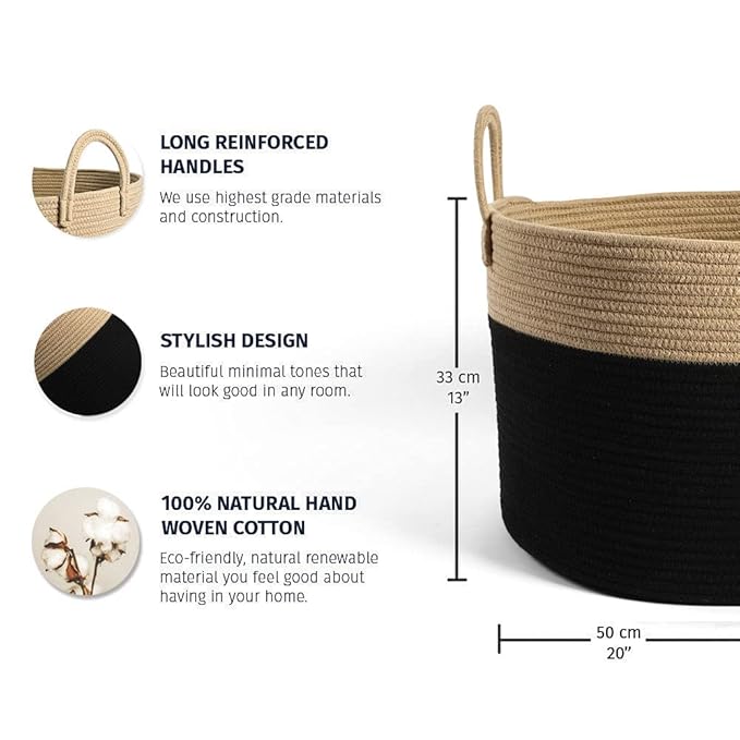 OrganiHaus Woven Laundry Basket, Large Cotton Rope Blanket Holder with Handles, Soft & Sturdy Nursery Hamper, Decorative Toy Bin for Living Room Organization 20x13 inches - Black/Honey-Ruum Studio Home