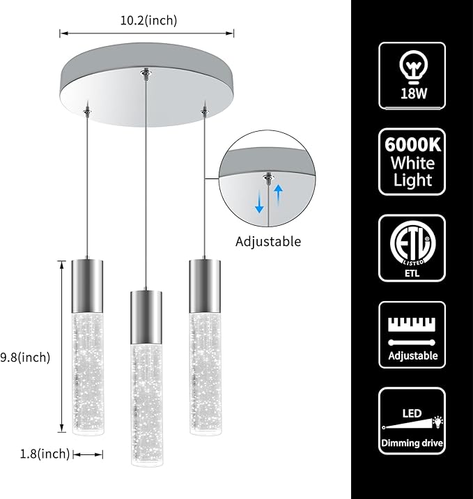 OKELI Dimmable LED 3-Light Pendant Light for Kitchen Island, 18W 1350LM Modern Bubble Crystal Island Light Fixture,6000K, Electro-Chrome, Easy Installation, Round-Ruum Studio Home