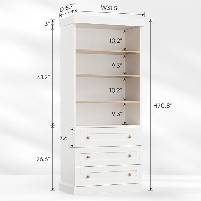 Vyre 71" Tall Farmhouse Bookshelves with Drawers, Set of 2 – Large Modular Bookcase with Adjustable Shelves, Storage Cabinet for Living Room, Kitchen, Home Office, White-Ruum Studio Home