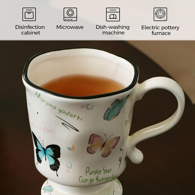 360ml -12.17oz Painted Butterfly Ceramic Mug - Cute Coffee Cup for Latte, Espresso - Gift for Women, Dishwasher Safe-Ruum Studio Home