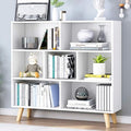 IOTXY Wooden Open Shelf Bookcase - 3-Tier Floorstanding Display Cabinet Rack with Legs, 7 Cubes Free Standing Bookshelf, Warm White-Ruum Studio Home