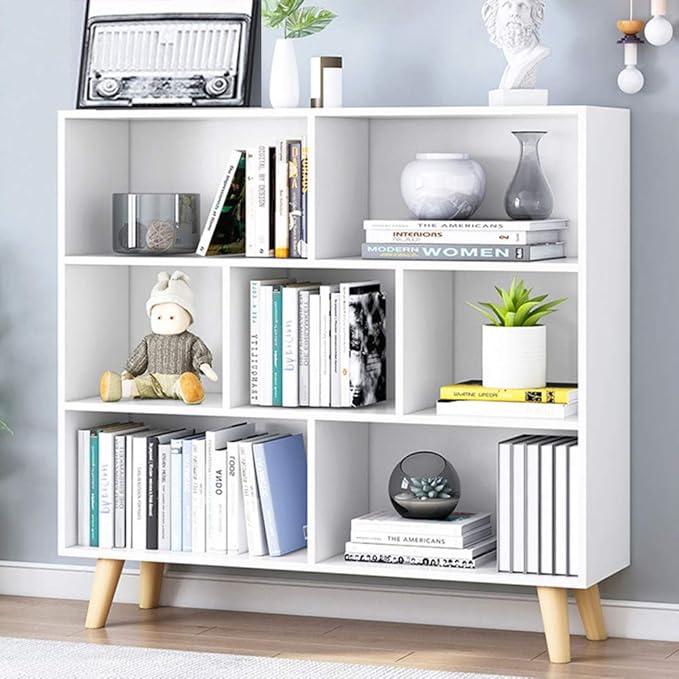 IOTXY Wooden Open Shelf Bookcase - 3-Tier Floorstanding Display Cabinet Rack with Legs, 7 Cubes Free Standing Bookshelf, Warm White-Ruum Studio Home