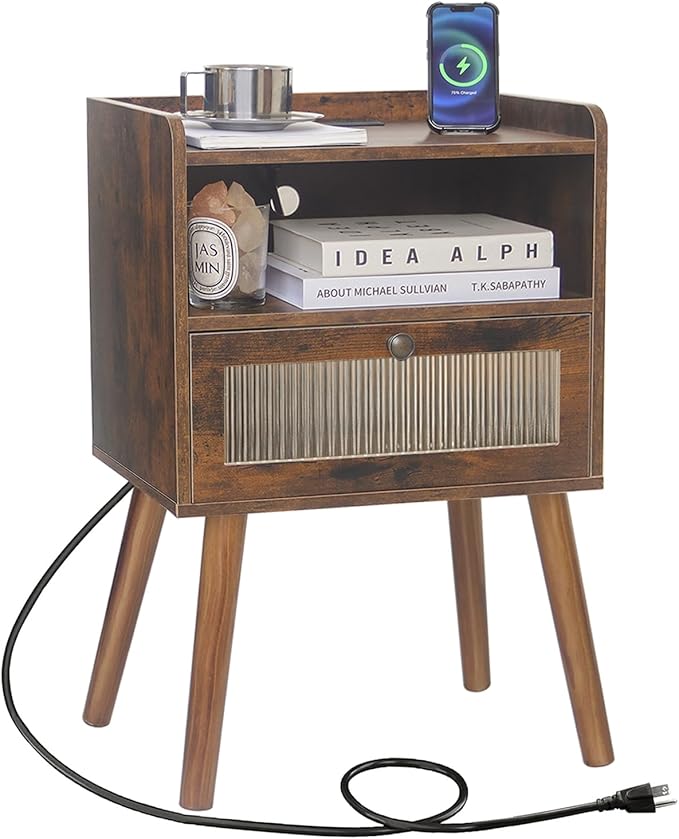 AWASEN Mid Century Night Stand with Charging Station, Wood Bedside Table with Glass Drawer, Small Modern Nightstand End Side Table with 2 Tiers Storage for Bedroom, Office(Rustic Brown)-Ruum Studio Home