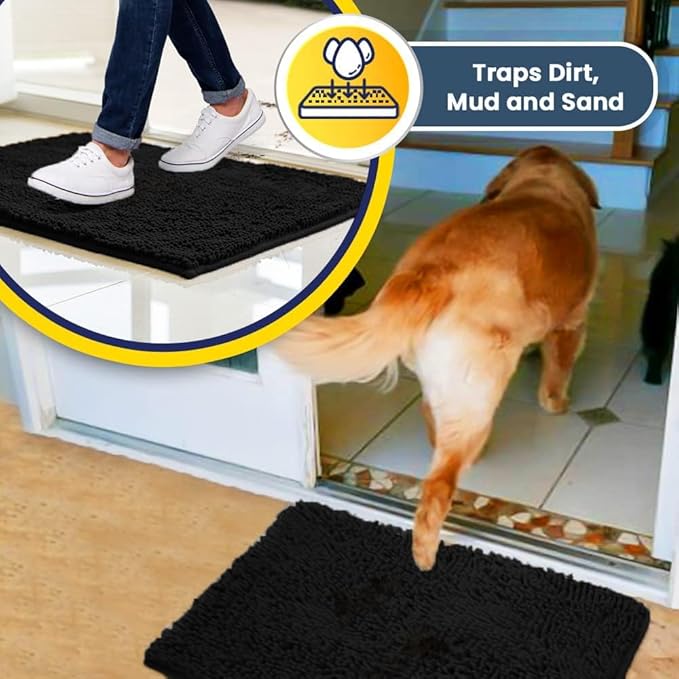 Muddy Mat® 4-Piece Black Medium 30"X19" AS-SEEN-ON-TV Highly Absorbent Microfiber Door Mat, Bath Mat and Pet Rug, Non Slip Thick Washable, Soft Chenille for Kitchen Bathroom Bedroom Indoor and Outdoor-Ruum Studio Home