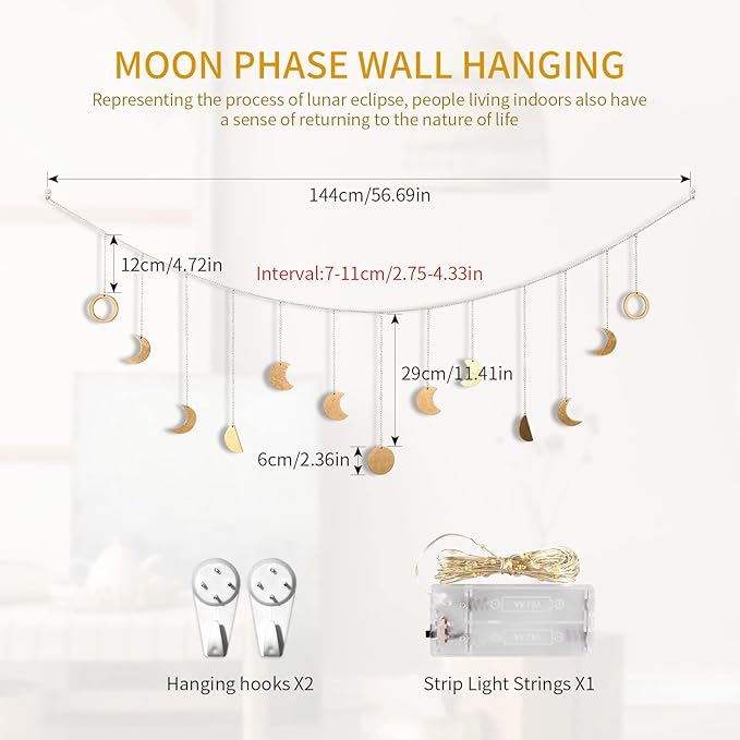 Moon Phase Wall Decor with LED String Light, 13 Gold Wood Boho Wall Hanging Decor Mood Garland 56'' - Celestial Phases Moon Decor in Bohemian Style for Bedroom Home Living Room-Ruum Studio Home
