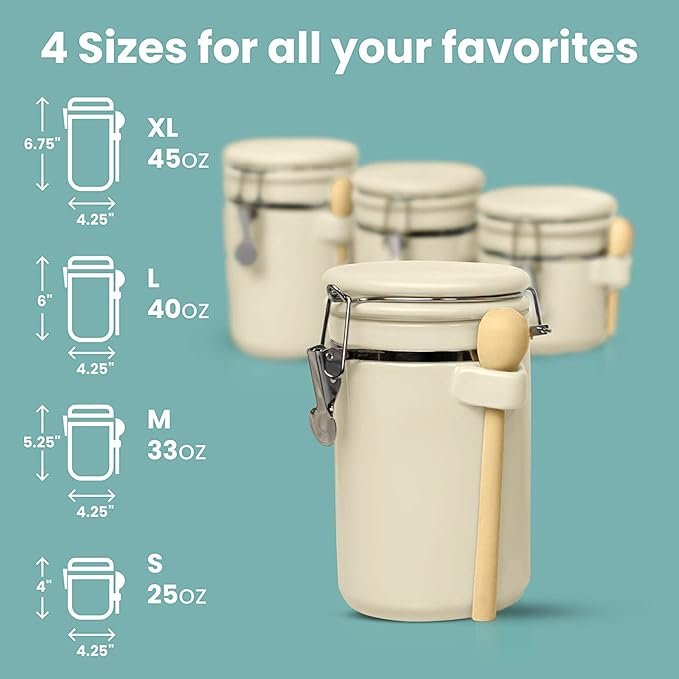 Home Intuition 4-Piece Ceramic Kitchen Canisters Set, Airtight Containers with Wooden Spoons Reusable Chalk Labels and Marker for Sugar, Coffee, Flour, Tea (Off White)-Ruum Studio Home