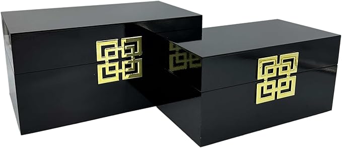Galt International Storage Box Set Decorative Storage Box w/Hinged Lid Classic Design Wood Decor Boxes with Geometric Clasp Storage for Bedroom & Home - Set of 2 (Black & Gold)-Ruum Studio Home