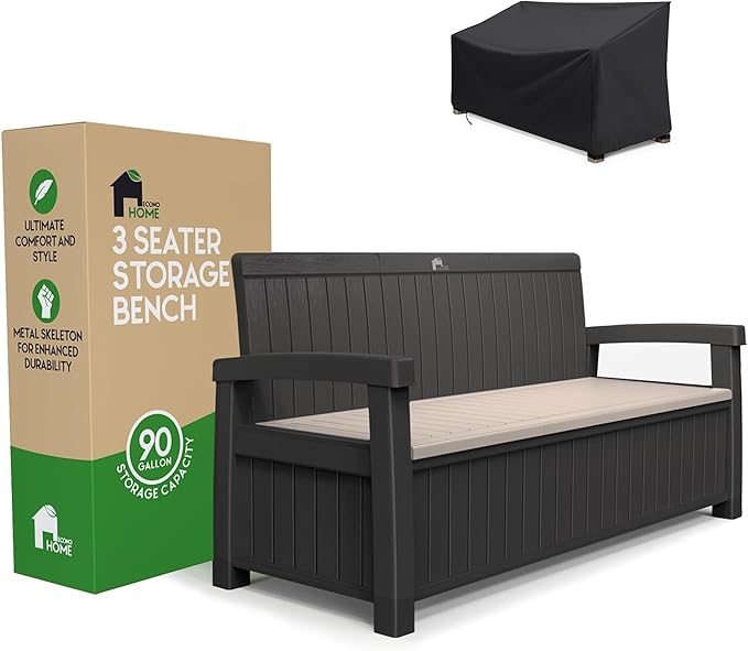 EconoHome 3 Seat Outdoor Storage Bench with Rain Cover - 90 Gallon Capacity - Weatherproof Resin Bench for Patio, Porch, Garden, Yard, Pool Area - Furniture for Pool Accessories, Gardening Tools-Ruum Studio Home