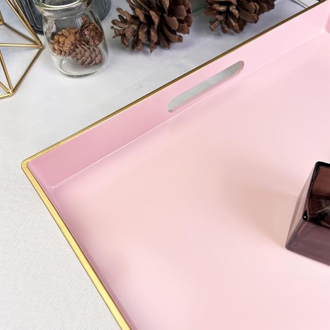 Pink Decorative Tray, Square Serving Tray with Handles, Plastic Coffee Table Tray for Ottoman, Living Room, Kitchen Tabletop, 13"x13"x1.6"-Ruum Studio Home