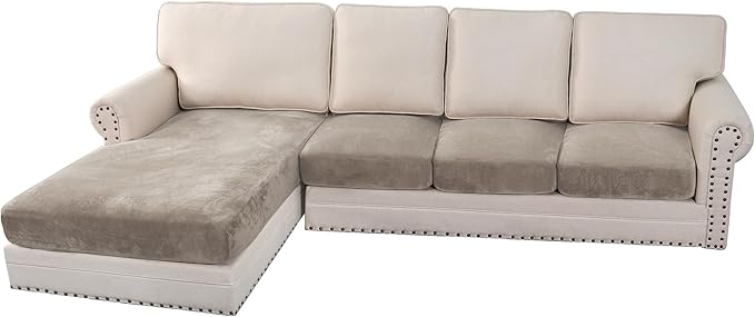 H.VERSAILTEX Velvet Stretch Sectional Couch Covers 4 Pieces Sofa Seat Cushion Covers L Shape Separate Cushion Couch Chaise Cover for Both Left/Right Couch (Large Sofa 3 Seater + 1 Chaise, Oatmeal)-Ruum Studio Home