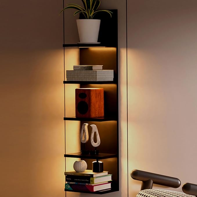 5 Tier Wall Shelf Unit, Black Modern Vertical Lack Wall Shelves with Light, Wall Mount, Floating Column Home Decor Shelves for Bedroom, Living Room, Vanity Storage Display-Ruum Studio Home