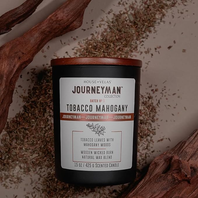 Journeyman Collection Candle, 15oz, Wooden Wick, Tobacco Mahogany, Large Painted Jar-Ruum Studio Home
