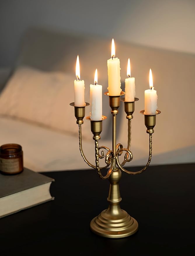 Sziqiqi Gold Candlestick Holder Candelabra - Taper Candle Holders for Wedding Centerpiece 5-Arms Candle Stick Stands for Candlelight Dinner Table Christmas Mantel Festivals-Ruum Studio Home