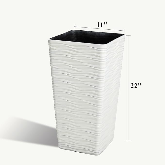 Worth Garden 22" Tall Planters Set of 2 - Plastic White Square Plant Pots - Modern Big Tapered Matte Wavy Tree Flower Pot for Indoor Outdoor Porch Deck-Ruum Studio Home