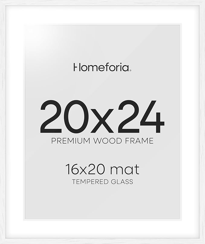 Homeforia 20x24 White Picture Frame, High End Oak 20x24 White Wood Frame with Mat 16x20 Photo, 20 x 24 Wooden Poster Frames Matted to 16 by 20, 24x20 Hanging Frames, Tempered Glass, Wall Kit, Set of 1-Ruum Studio Home