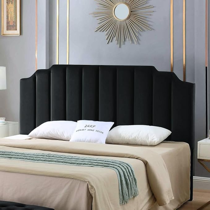24KF Black Velvet Tufted King Upholstered Headboard, Modern Vertical Channel Design California King Headboard with Stepped Silhouette Top Edge,Black-Ruum Studio Home