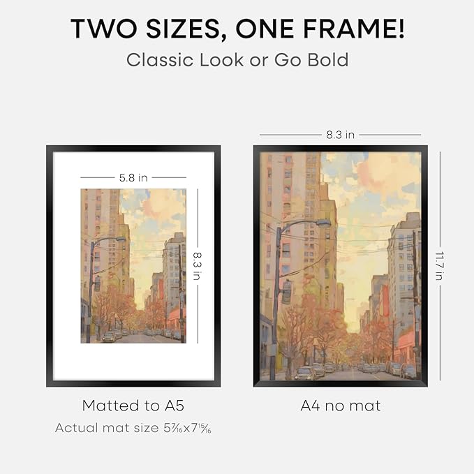 Homeforia A4 Picture Frame Black, High End Metal 8.3 x 11.7 Frames for Wall, A4 Photo Frame with Mat for A5 inch Print, 8.25 by 11.75 Black Poster Frames, 8.3x11.7 Frame with Glass, Wall Kit, Set of 1-Ruum Studio Home