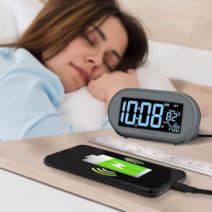DreamSky Alarm Clocks for Bedrooms, Auto Set Digital Desk Clock for Bedside Nightstand, Electric Clock with Dimmable Brightness Dimmer, Auto DST, USB Port, Date, Temperature, Snooze-Ruum Studio Home