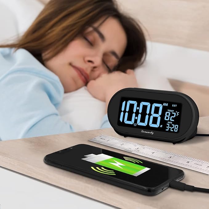 DreamSky Alarm Clocks for Bedrooms, Auto Set Digital Desk Clock for Bedside Nightstand, Electric Clock with Dimmable Brightness Dimmer, Auto DST, USB Port, Date, Temperature, Snooze-Ruum Studio Home