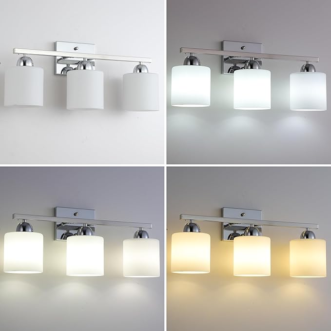 Stainless Steel Milk Glass Vanity Lights for Bathroom, 3 Light Chrome Bathroom Light Fixtures Over Mirror, Ceramic E26 Sockets Wall Mounted-Ruum Studio Home