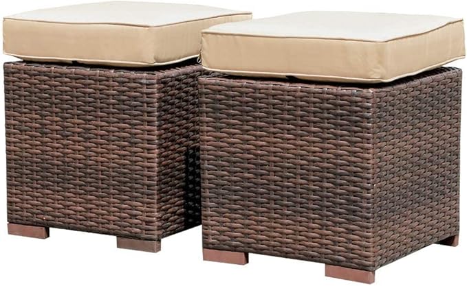 Patiorama 2 Pieces Assembled Outdoor Patio Ottoman, Indoor Outdoor All-Weather Dark Brown Wicker Rattan Outdoor Footstool Footrest Seat with Beige Cushions, No Assembly Required-Ruum Studio Home