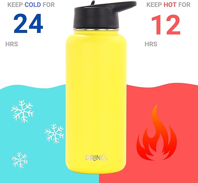DRINCO Stainless Steel Water Bottle Spout Lid Vacuum Insulated Double Wall Water Bottle Wide Mouth (40oz 32oz 22oz 18oz 14oz) Leak Proof Keeps Cold or Hot (32 oz, 32oz Illuminating Yellow)-Ruum Studio Home