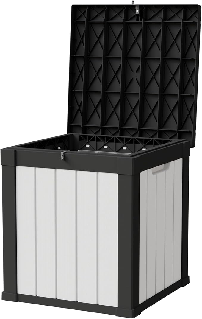 50 Gallon Storage Box, Waterproof Deck Box for Indoor & Outdoor Use, Lockable Pool Storage Bin for Package Delivery, Outdoor Bench for Patio Cushions, Garden Tools, Backyard, Black & White-Ruum Studio Home