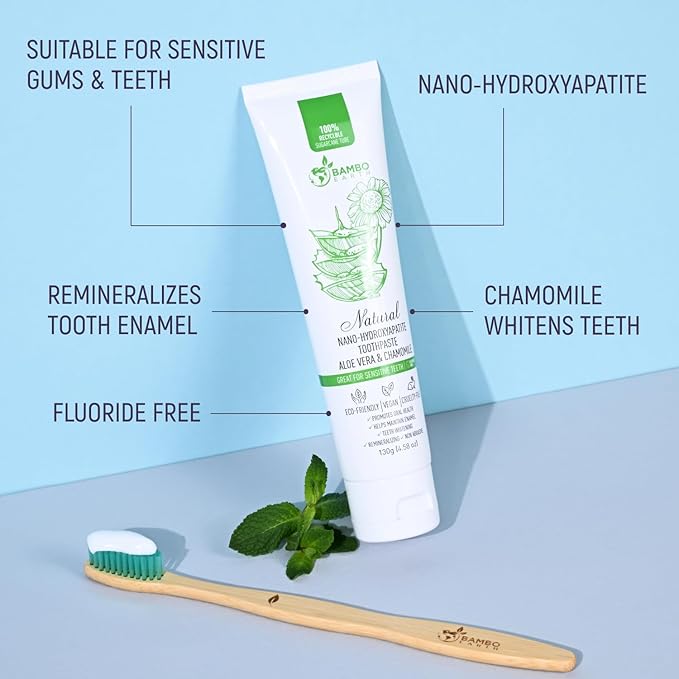 Natural Fluoride Free Toothpaste - Nano Hydroxyapatite, Remineralizing, Sensitive Teeth, Whitening & Zero Waste Tube - Dentist Recommended for Adult & Kids Oral Aloe Vera & Chamomile (4 Pack, Aloe)-Ruum Studio Home
