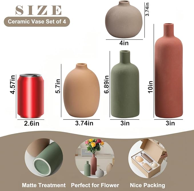 Modern Ceramic Vase Set, Neutral Colors, Decorative Vases for Home Decor, 4 Piece Collection (Green Mix Set 4)-Ruum Studio Home