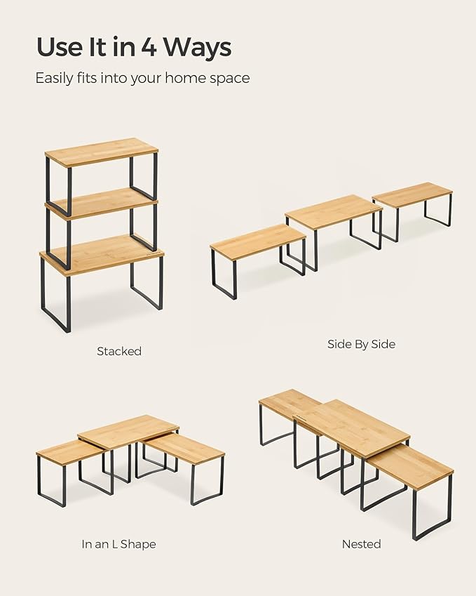 SONGMICS Cabinet Organizer Shelf, Set of 3 Kitchen Counter Shelves, Kitchen Storage, Spice Rack, Stackable, Expandable, Ink Black and Natural Beige UKCS014B01-Ruum Studio Home