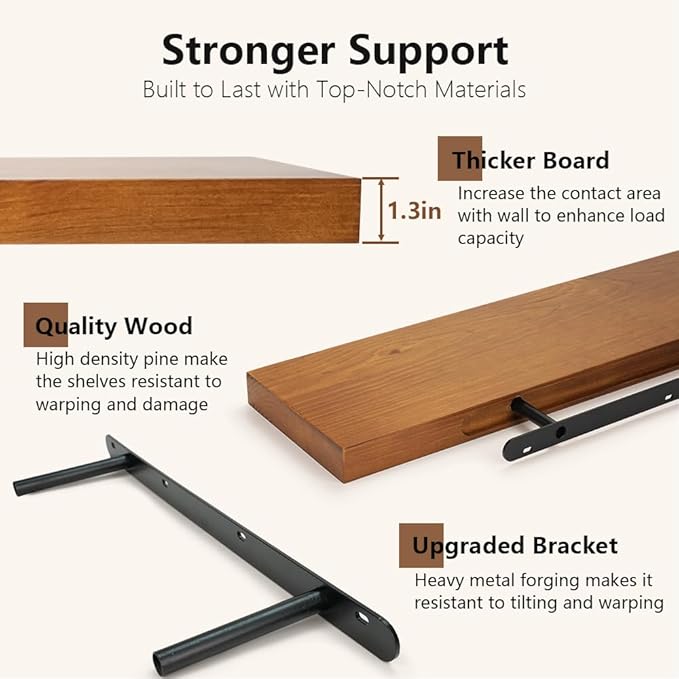 Habudda Floating Shelves, Wall Shelf for Bathroom Bedroom Kitchen, Natural Pine Real Wooden Shelves, Wall Mounted, 100% Pine, Set of 2, 30 Inches Long, Honey Oak-Ruum Studio Home
