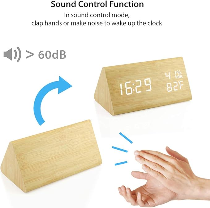 OCT17 Wooden Alarm Clock, Wood Alarm Clock Smart LED Digital Clock for Bedroom/desks, Upgraded with Time Temperature, Adjustable Brightness and Voice Control, Humidity Displaying - Bamboo-Ruum Studio Home