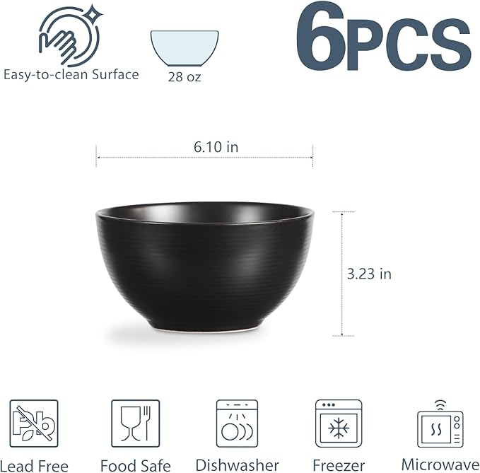 ONEMORE Cereal Bowls Set of 6, 28 oz Large Soup Bowls for Kitchen 6 inch Ceramic Salad Bowls Microwave Dishwasher Safe Deep Serving Bowl Set for Salad Dessert Rice, Black-Ruum Studio Home