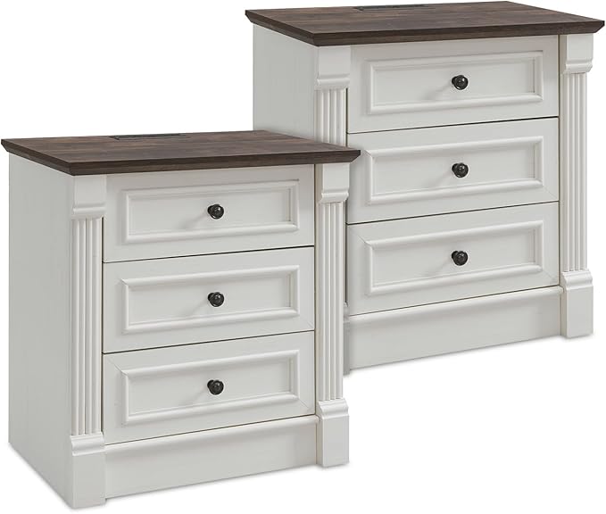 26" Tall Farmhouse Nightstand Set of 2, 3 Drawers End Table w/Charging Station, 23.6" Wide Large Side Table w/Roman Column, Wood Rustic Sofa Table for Bedroom, White-Ruum Studio Home