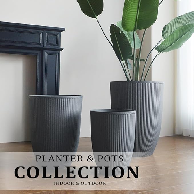 2 Pcs Pack 15 Inches Heavy Duty Plastic Resin Tall Tapered Planter Pots Large Round Planter Flower Pot with Drainage Hole for Indoor Outdoor Deck Porch Garden Home Patio Front Door (Dark grey, S)-Ruum Studio Home
