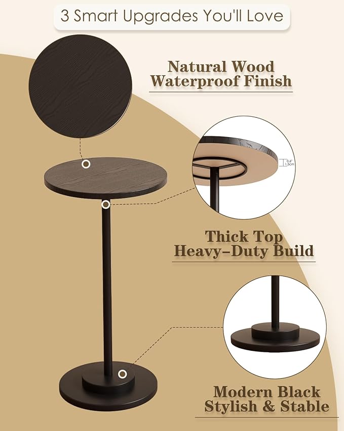 Masupu Drink Table, Round Side Table for Small Spaces, Pedestal Side Table, Small End Table with Metal Base, for Living Room, Bedroom, Bathroom, Black-Ruum Studio Home