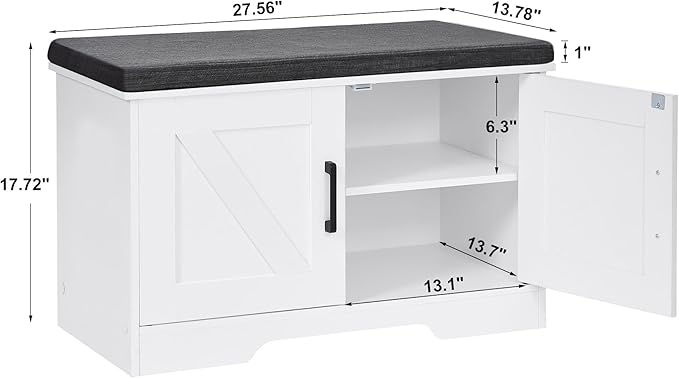 2-Tier Storage Bench, Shoe Bench with Padded Seat Cushion, Entryway Bench with 2 Barn Doors, Adjustable Shelf, 13.8" D x 27.6" W x 17.7" H, for Entryway, Living Room, Bedroom, White-Ruum Studio Home