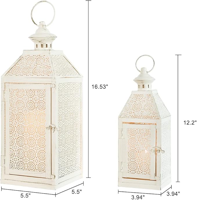 NEEDOMO 2Pack Outdoor Lantern, 16" Large White Candle Lanterns Decorative Indoor, Metal Frame with Glass, Vintage Farmhouse Lantern Decor for Front Porch, Garden, Patio, Pathway, Balcony,Yard-Ruum Studio Home