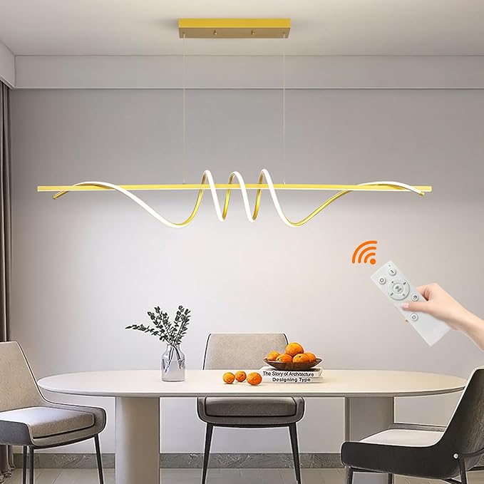 Modern Design Dimmable Desk Linear Pendant Light, with Remote Control Dimmable 3 Color Mode & Brightness Ceiling Lamp, Anti-Flicker Dining Light Fixture for Kitchen, Dining Room (Gold, 57IN)-Ruum Studio Home