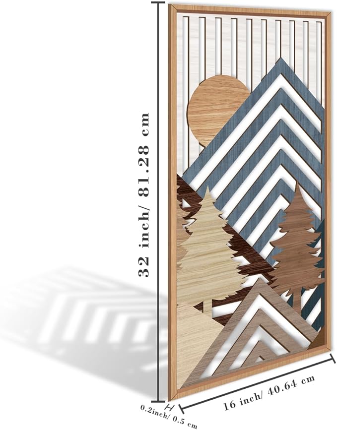 IARTTOP Large Mountain Wood Wall Art 16"x32"x3 Abstract Forest Wall Sculpture Geometric Boho Sunset Wilderness Artwork for Bedroom Living Room Office-Ruum Studio Home