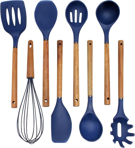 Country Kitchen Non Stick Silicone Utensil Set with Rounded Wood Handles for Cooking and Baking, 8 Piece Set, Navy-Ruum Studio Home